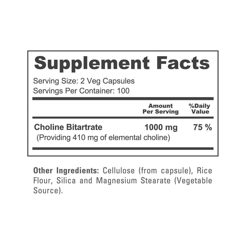 NusaPure Choline Bitartrate - Suitable for Vegetarian/Vegan, Non - GMO - 1000 mg 200 Capsules NusaPure Au supplements