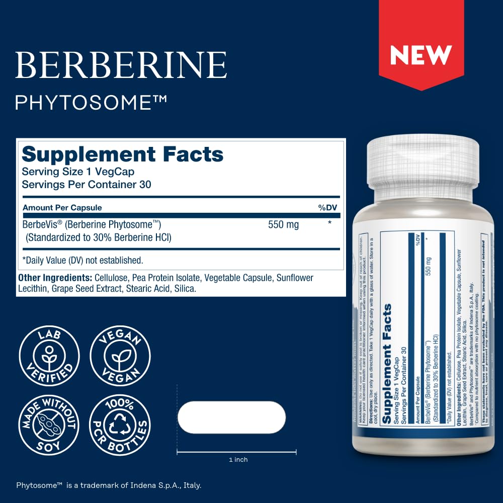 SOLARAY Berberine Phytosome - 9X Absorption and Easy-to-Digest - Standardized to 30% Berberine HCl - Vegan, Made Without Soy