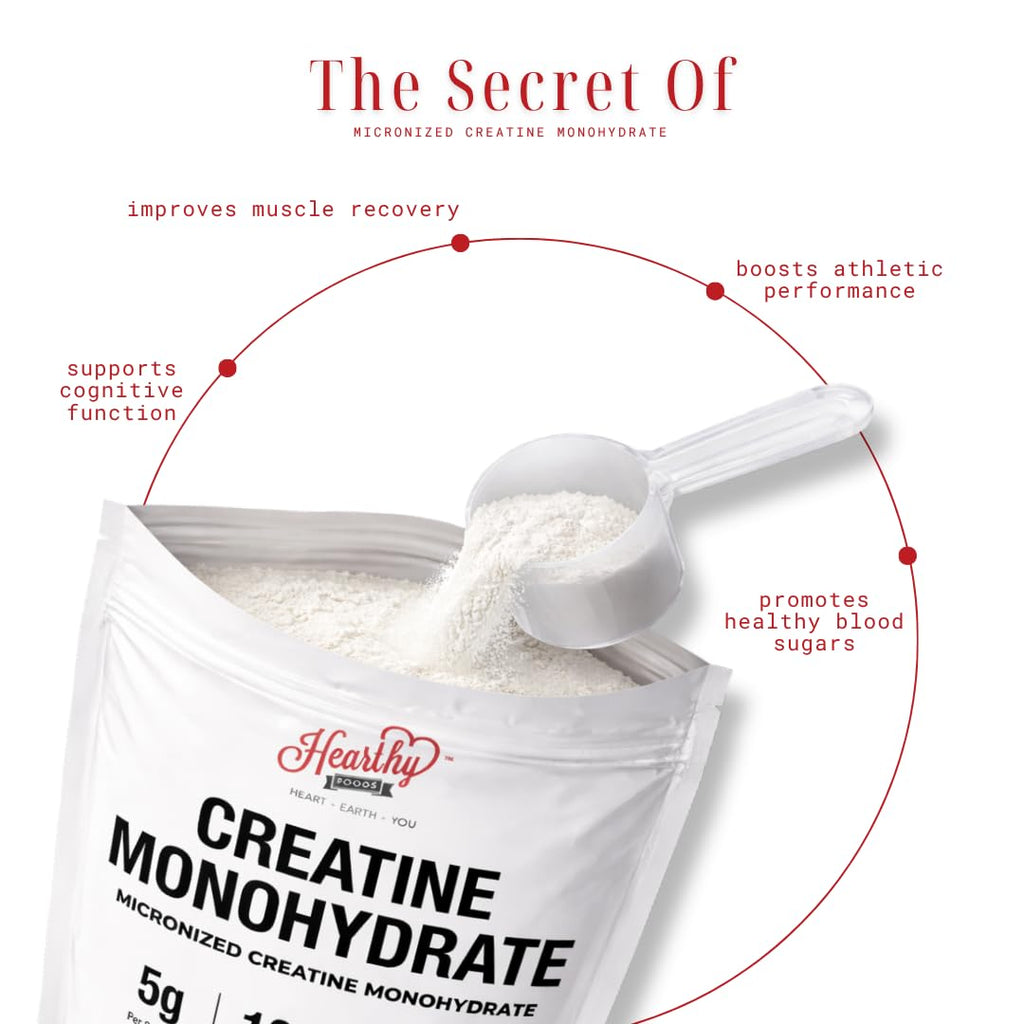 HEARTHY FOODS Creatine Monohydrate Micronized Powder 500G - 100 Servings, 5000mg Per Serving (5g) - for Men & Women Muscle Growth