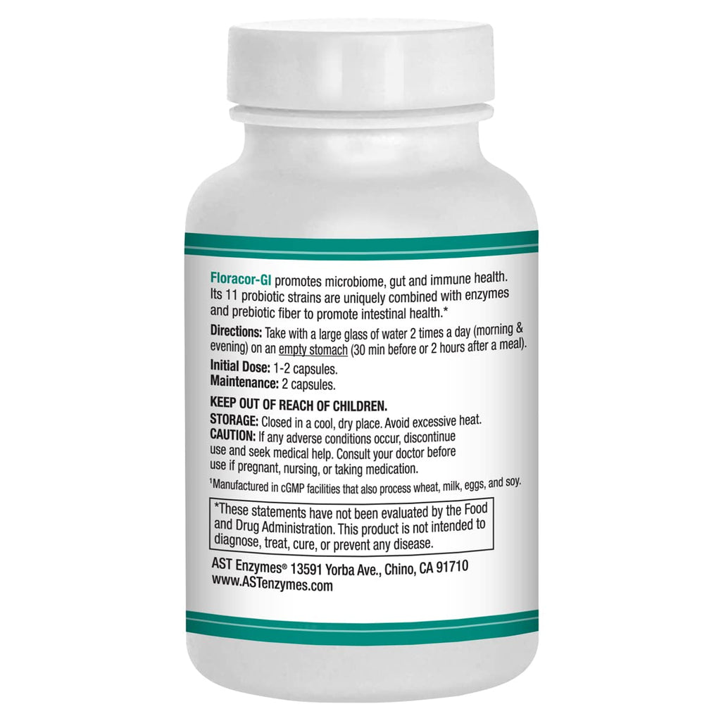 AST Enzymes Floracor - Supports Gut & Intestinal Health - Premium Probiotic, Prebiotic and Enzyme Formula - 60 Vegetarian Capsules
