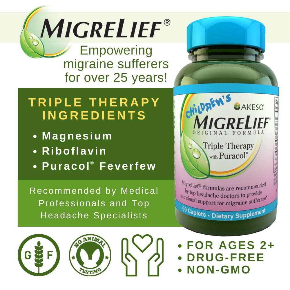 Children's MigreLief® - Triple Therapy with Puracol™ - Nutritional Support for Pediatric Migraine Sufferers - 60 Caplets/1 Month Supply MigreLief Au supplements