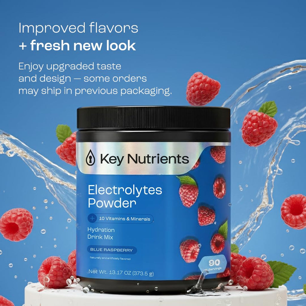 KEY NUTRIENTS Multivitamin Electrolytes Powder No Sugar - Sweet Blue Raspberry Electrolyte Powder - Endurance & Energy Supplement - Hydration Powder