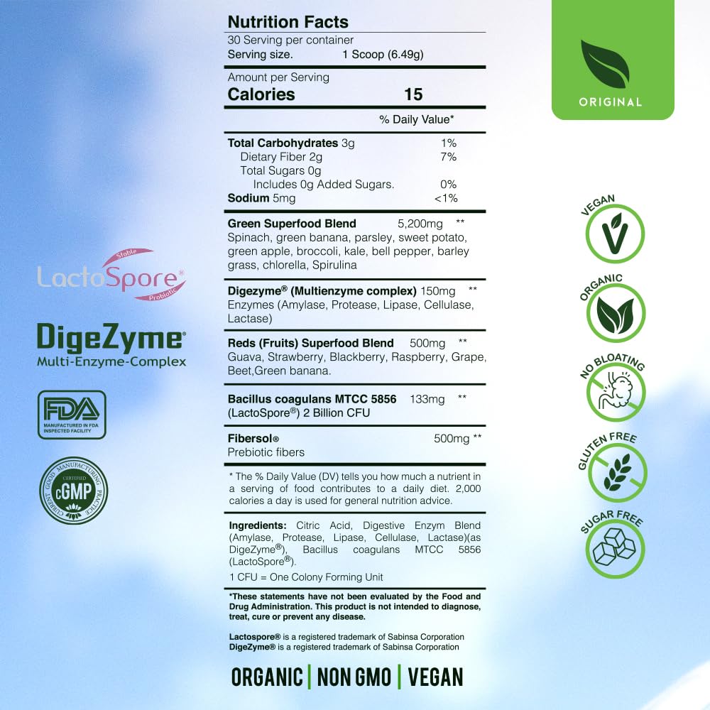 Blossom SuperGreens Probiotics – Digestive Enzymes with Pre/ProBiotics for Bloating Relief – 30+ SuperGreens & SuperReds to Boost Energy –Organic, Gluten-Free, No Fiber, 0g Sugar (Lemon Citrus) BRANIA Au supplements