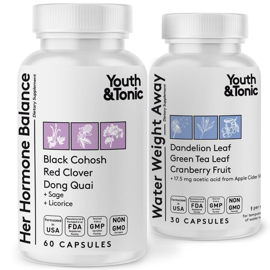 Youth & Tonic PMS & Menopause Bloating Relief Duo – Support for Puffiness, Hormonal Balance & Fluid Retention – Her Hormone Balance + Water Weight Away Natural Herbs for Women, 90 Capsules Youth & Tonic Au supplements