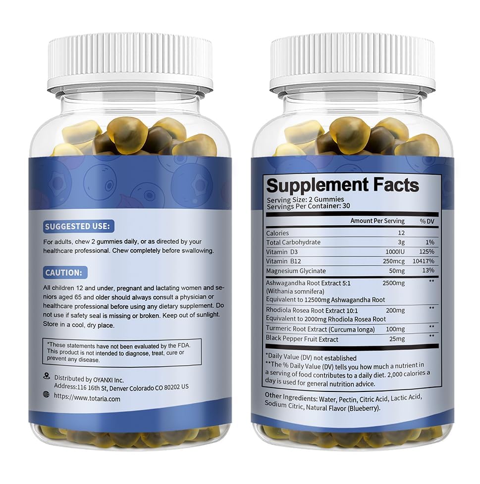 (2 Packs) Sugar Free Ashwagandha Filled Gummies w/Vitamin D3, Magnesium Glycinate, Rhodiola, Ultra Strength Ashwa Root Supplements for Women & Wen, for Relaxation, Energy, Cortisol Gummies Totaria Au supplements