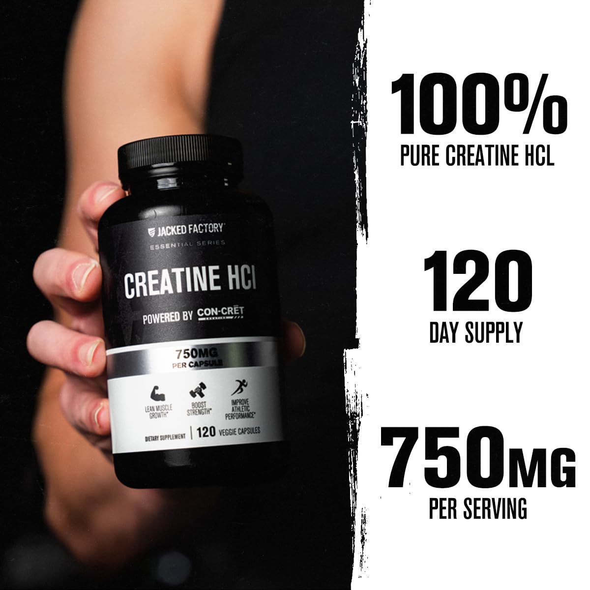 Jacked Factory Creatine HCl Capsules - CON CRET Creatine Pills 750mg - Lean Muscle Growth & Recovery, Boost Strength & Endurance, No Bloating or Cramps - 120 Capsules Jacked Factory Au supplements