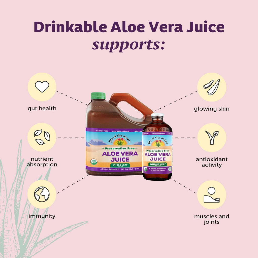 Lily of the Desert Aloe Vera Juice, Whole Leaf Filtered, Organic & Preservative Free – Natural Vitamins, Digestive Enzymes for Gut Health,