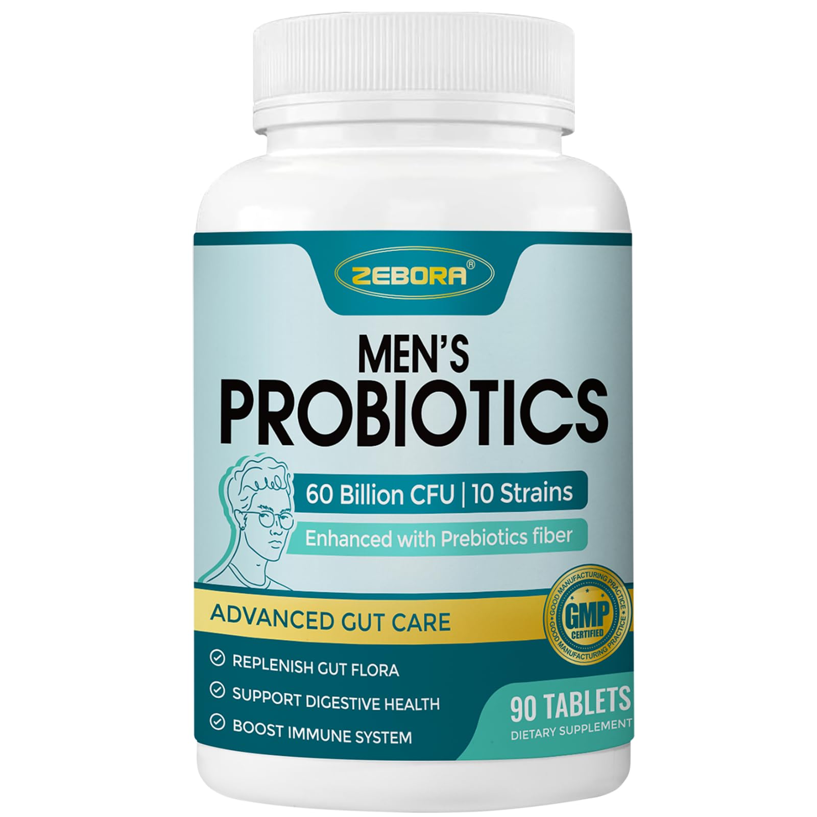 ZEBORA Probiotics for Men and Prebiotics for Digestive Health, 90 Tablets, 60 Billion CFUs for Immune and Gut Health, 10 Strains, Hypoallergenic Probiotics,