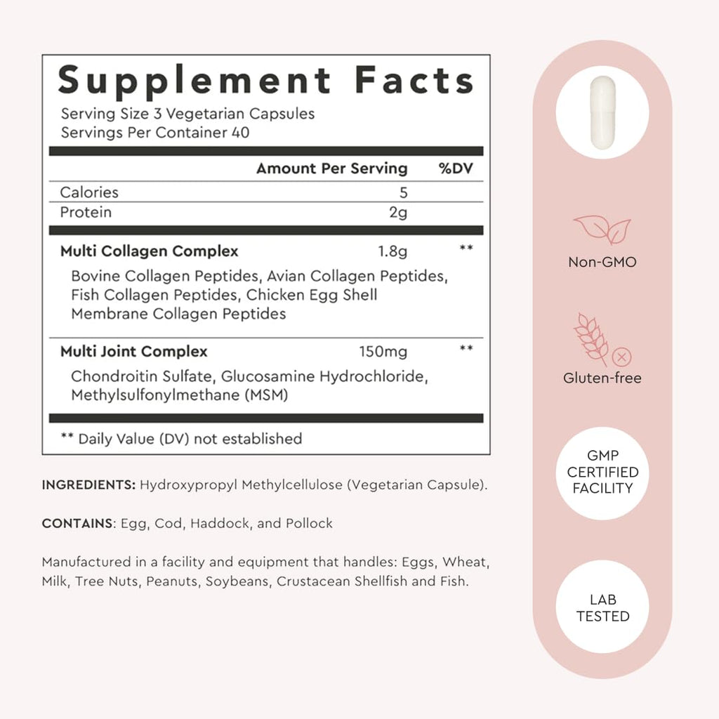 Alaya Naturals Hydrolyzed Multi Collagen Peptides Protein Capsules - Type I, II, III, V, X Grass-Fed Bovine, Chicken, Marine Collagen Supplement with MSM
