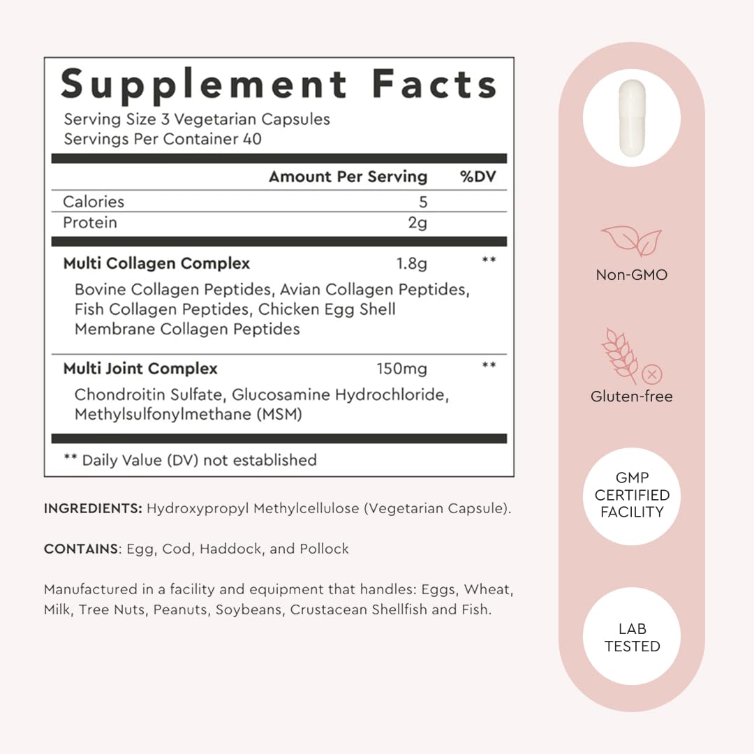 Alaya Naturals Hydrolyzed Multi Collagen Peptides Protein Capsules - Type I, II, III, V, X Grass-Fed Bovine, Chicken, Marine Collagen Supplement with MSM