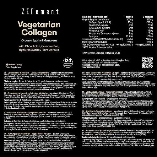 Vegetarian Collagen, from Organic Eggshell Membrane, 120 Capsules | with Glucosamine, Chondroitin, Hyaluronic Acid and Plant Extracts Zenement Au supplements