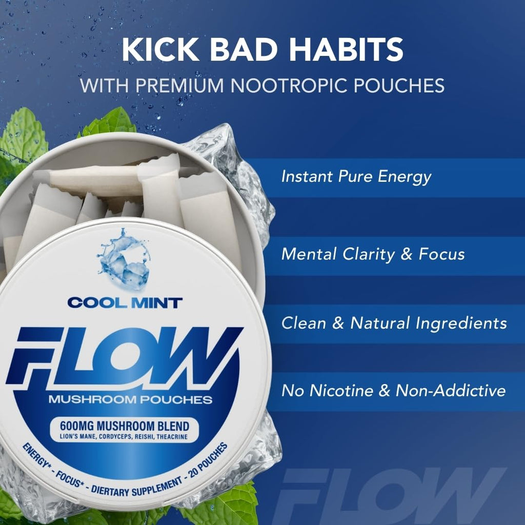 Flow Pouches Mushroom Nootropic Pouches - 600mg Organic Mushroom Energy Ultra Pouches with Lion's Mane, Reishi, Cordyceps for Focus & Clean Energy - Zero Caffeine or Sugar (5 Can Pack, Cool Mint) Flow Pouches Au supplements