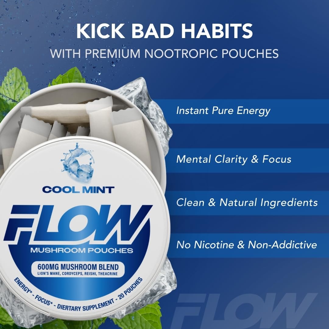 Flow Pouches Mushroom Nootropic Pouches - 600mg Organic Mushroom Energy Ultra Pouches with Lion's Mane, Reishi, Cordyceps for Focus & Clean Energy - Zero Caffeine or Sugar (5 Can Pack, Cool Mint) Flow Pouches Au supplements