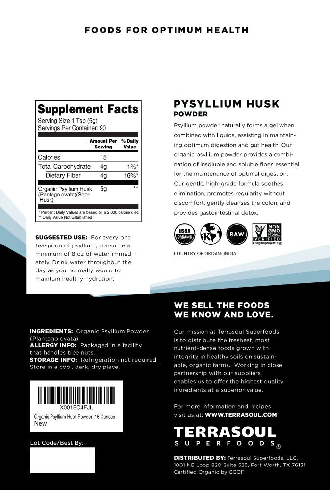 Terrasoul Superfoods Organic Psyllium Husk Powder, 1 Lb - Superfine Texture | 99% Purity | Perfect for Gluten-Free Baking | No Purple Breads