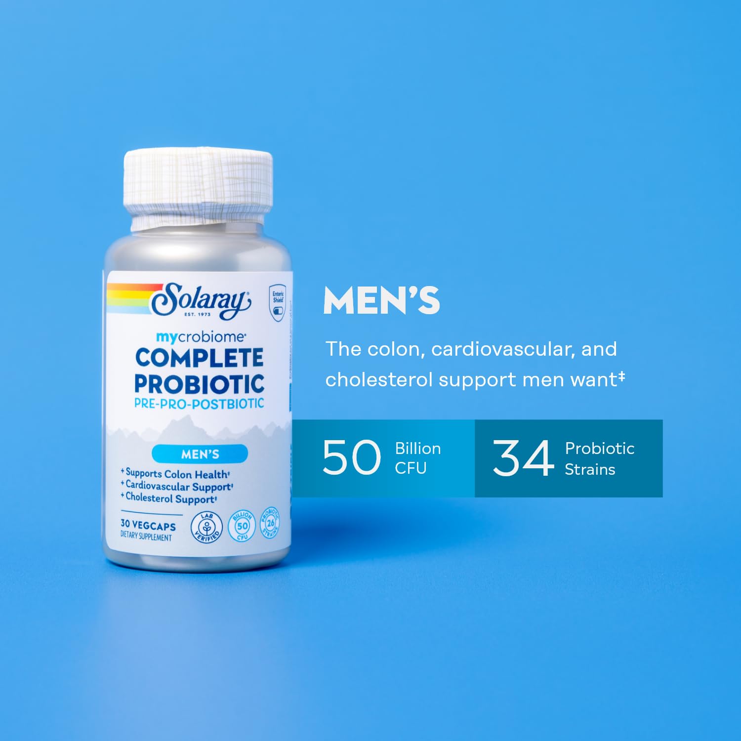SOLARAY Mycrobiome Complete Probiotic Men's Formula - Pre and Probiotics for Men Plus Postbiotic - Digestive Health and Immune Support - 50 Billion CFU, 26 Strains - Vegan - 30 Servings, 30 VegCaps SOLARAY Au supplements