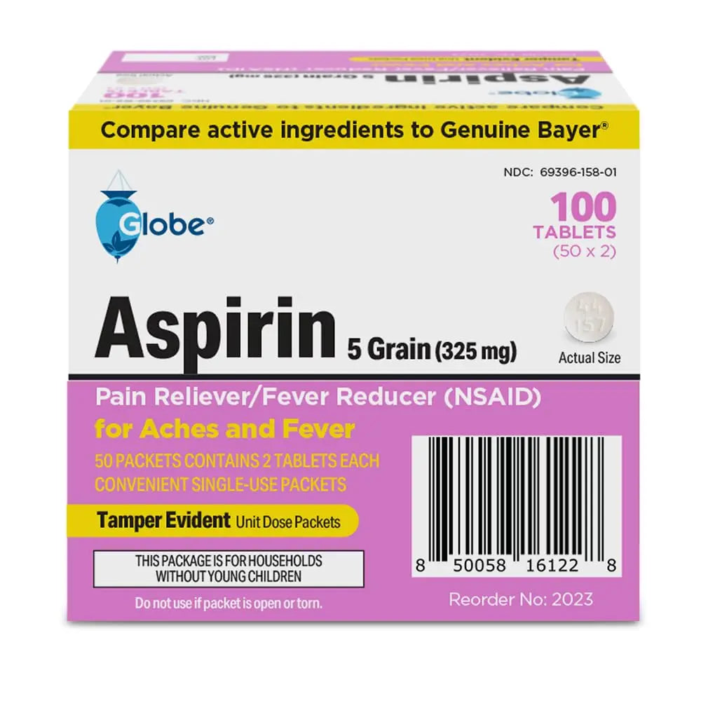 Globe Aspirin Tablets, 325 mg - 100 Count, Single Use Packets, NSAID Pain Relief, Pain Reliever & Fever Reducer, Arthritis Pain Relief, Headache Relief, Migraine Medicine Aspirin Pain Reliever. Globe Au supplements