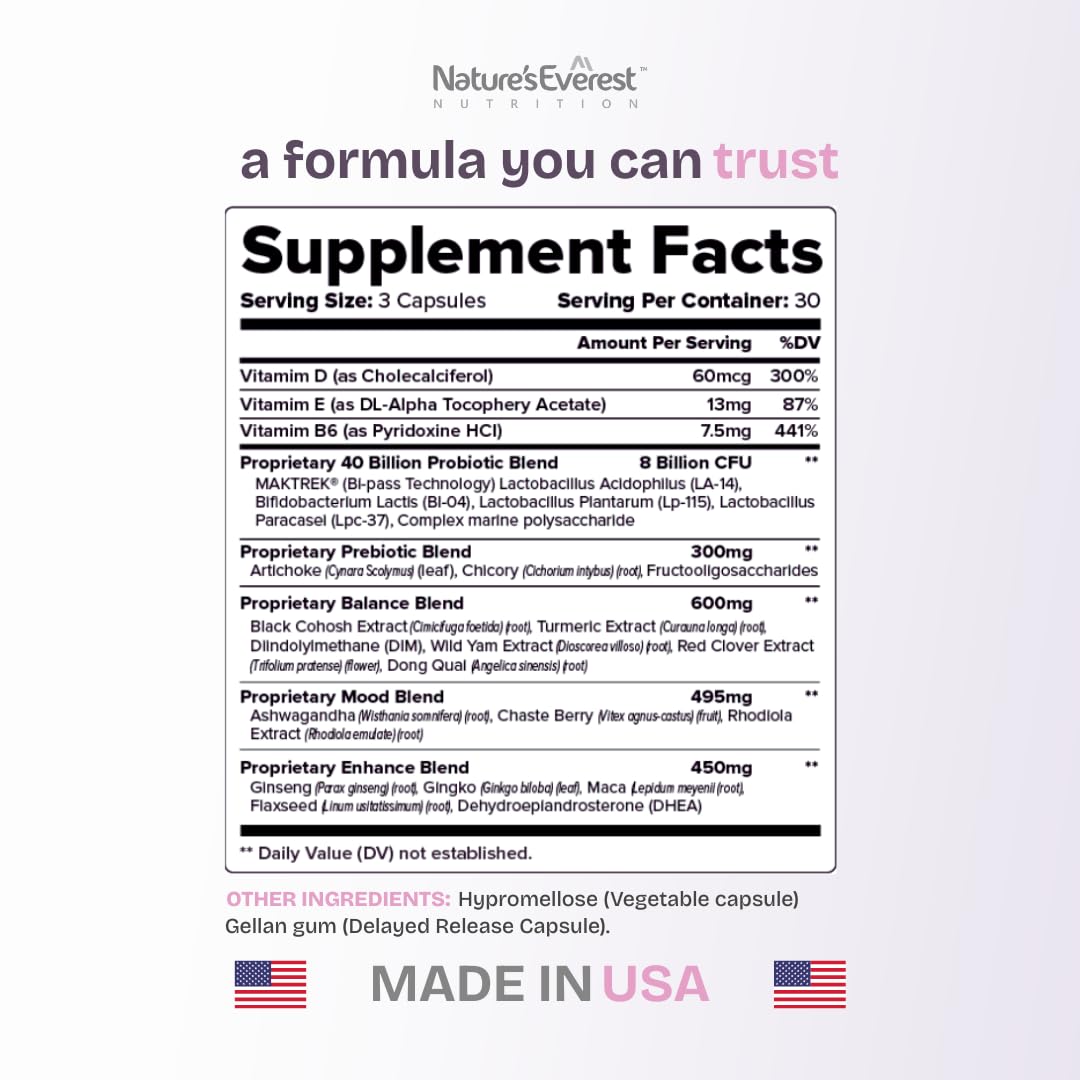 Complete Menopause Supplement for Women – Supports Hormone Balance, Hot Flashes, Night Sweats & Mood – with DIM, Black Cohosh, Dong Quai, Chasteberry, Pre & Probiotics – 90 Capsules – Made in USA Nature's Everest Au supplements