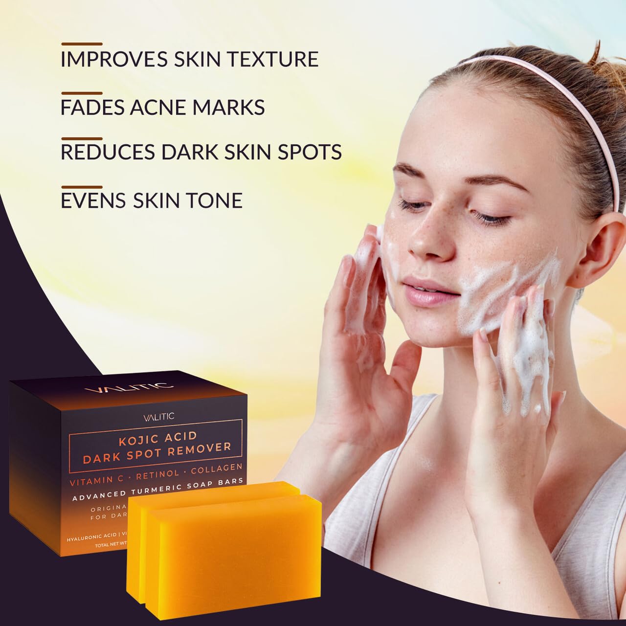 VALITIC Kojic Acid Dark Spot Remover Soap Bars with Vitamin C, Retinol, Collagen, Turmeric