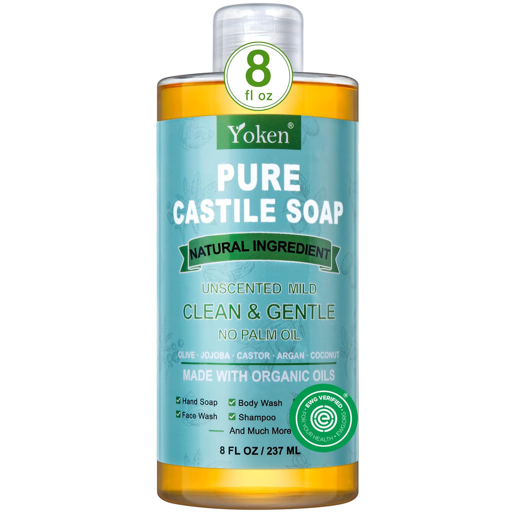 Yoken Pure Castile Liquid Soap Organic (EWG Verified, Unscented, 8 OZ), Made with Organic Oils, No Added Fragrance, Vegan, Castile Soap Liquid for Face