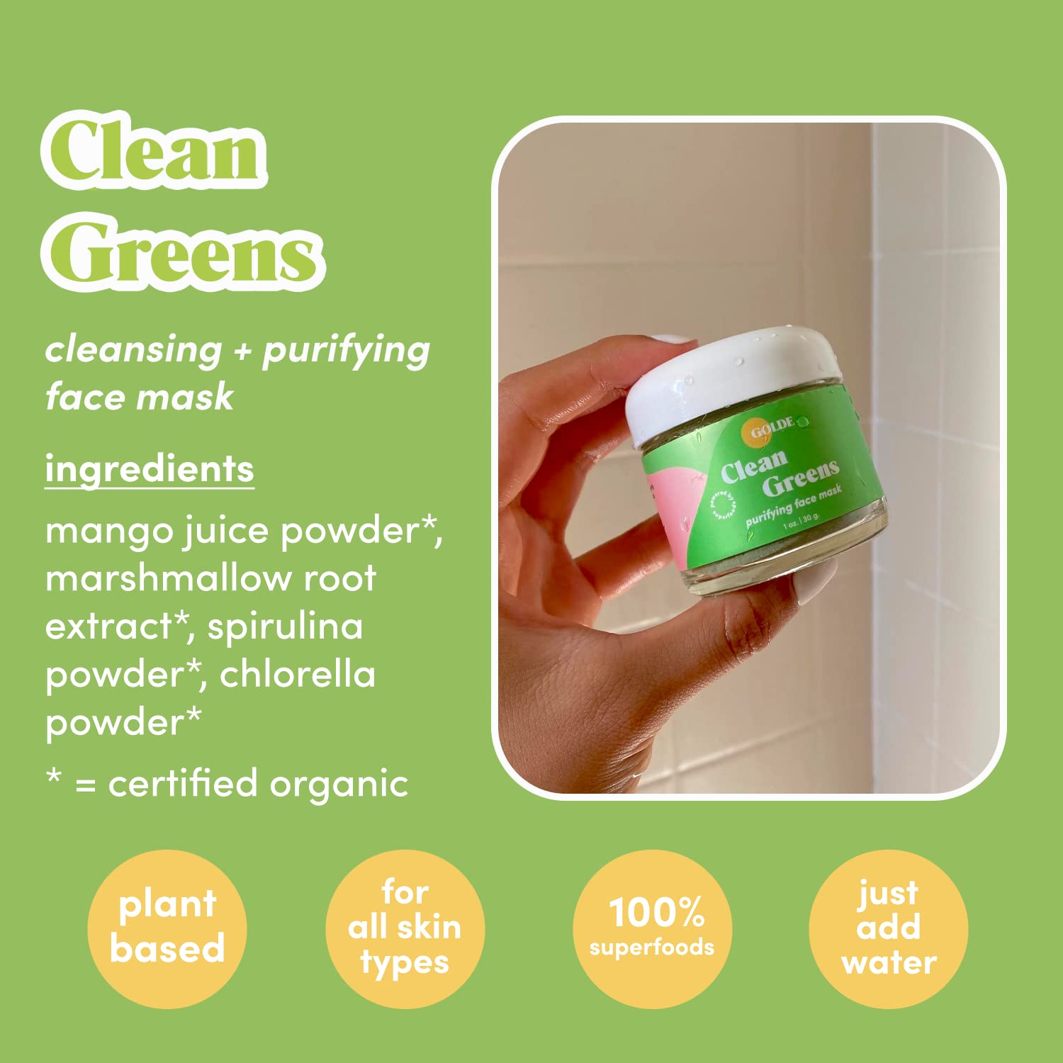 GOLDE - Clean Greens Superfood Face Mask - Made w/Chlorella & Spirulina - Great for Acne Prone, Oily & Dry Skin, Hydrating - Gentle Cleanser - Vegan - Aluminum-Free - 30g Jar GOLDE Au supplements