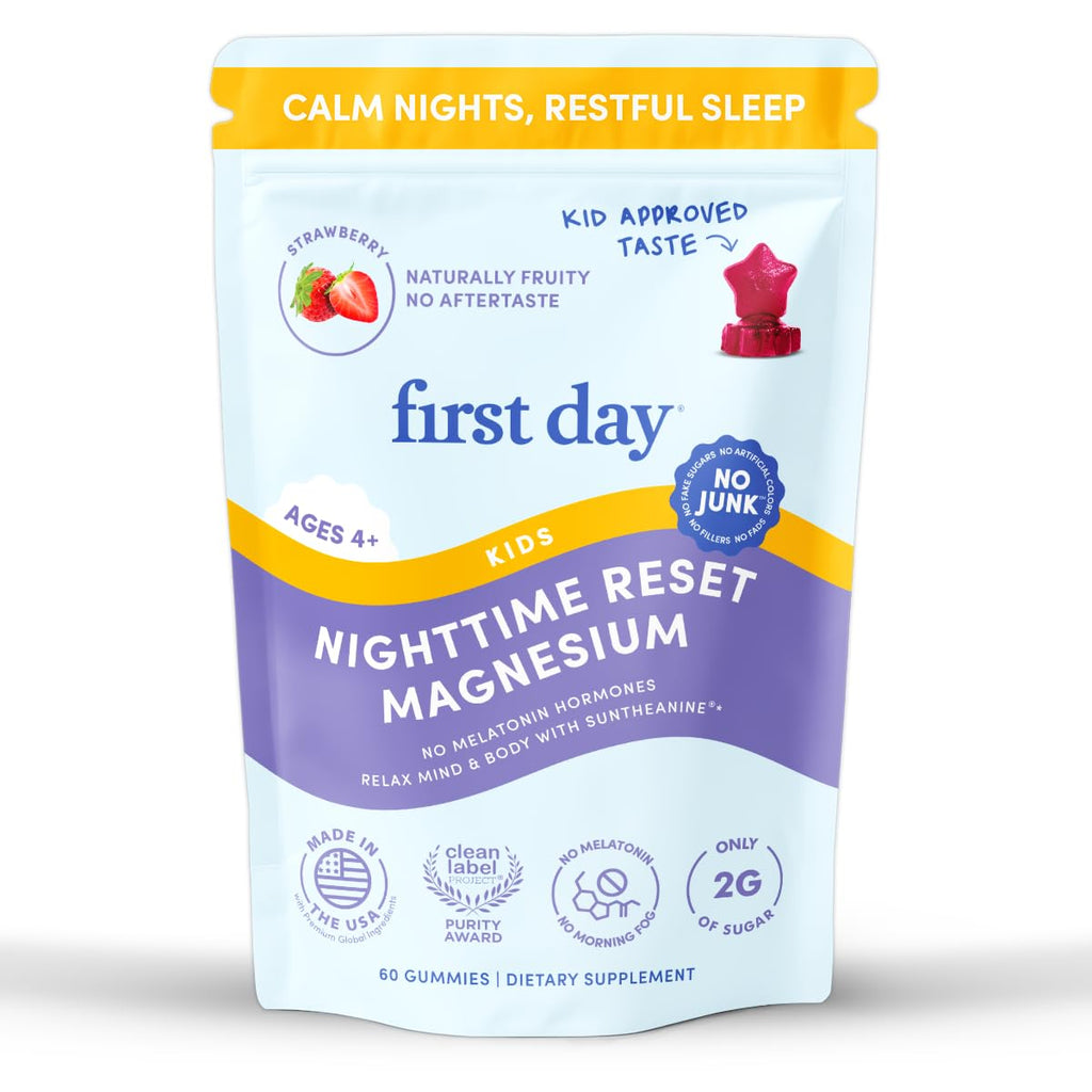FIRST DAY Kids Magnesium Citrate Gummies (Ages 4+) with No Melatonin | Calm Kids Magnesium Gummies | Bedtime Supplement for Better Sleep with Suntheanine