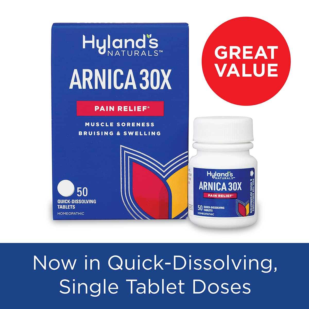 Hyland's Arnica Montana 30x Tablets, Natural Relief of Bruises, Swelling and Muscle Soreness, Quick Dissolving Tablets (Pack of 1, 50 Count Total) Hyland's Au supplements