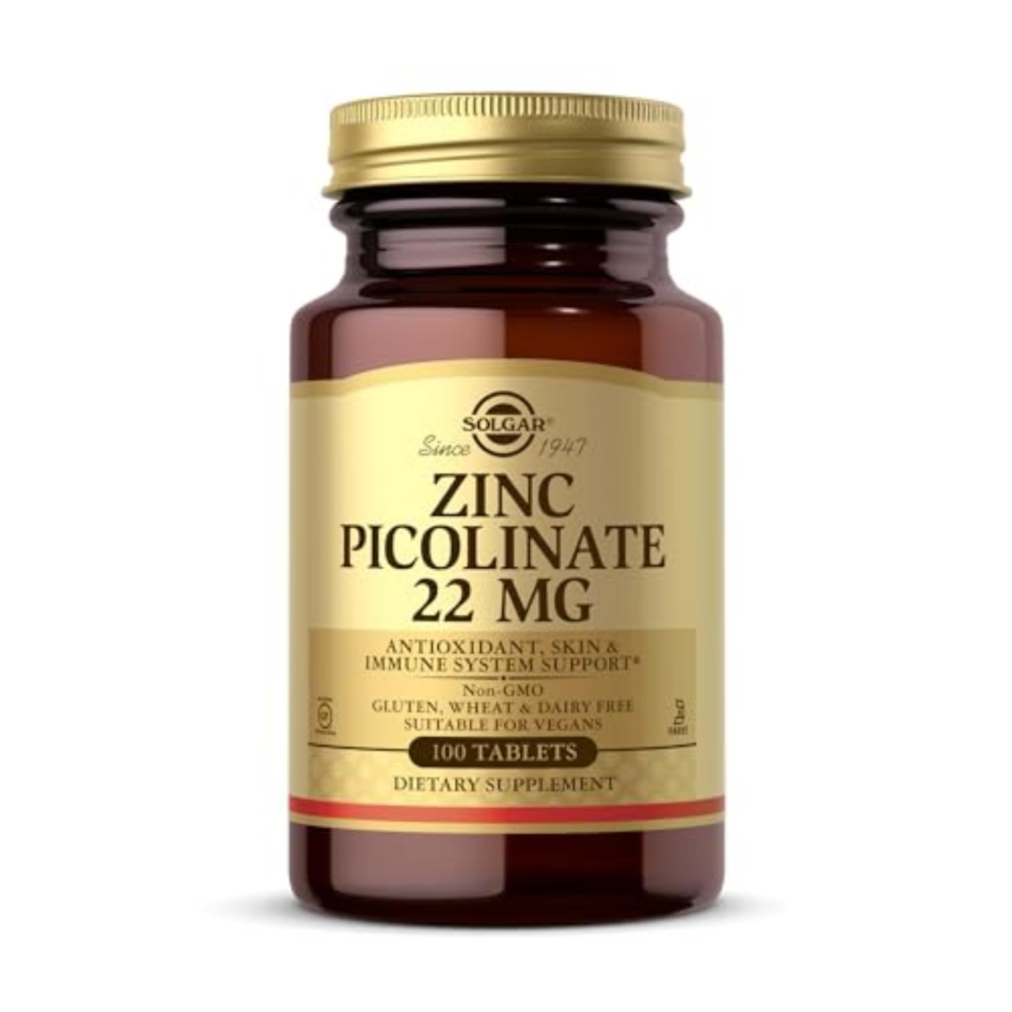 Solgar Zinc Picolinate 22 mg, 100 Tablets - Promotes Healthy Skin - Supports Immune System, Normal Taste & Vision - Antioxidant – Non-GMO, Vegan