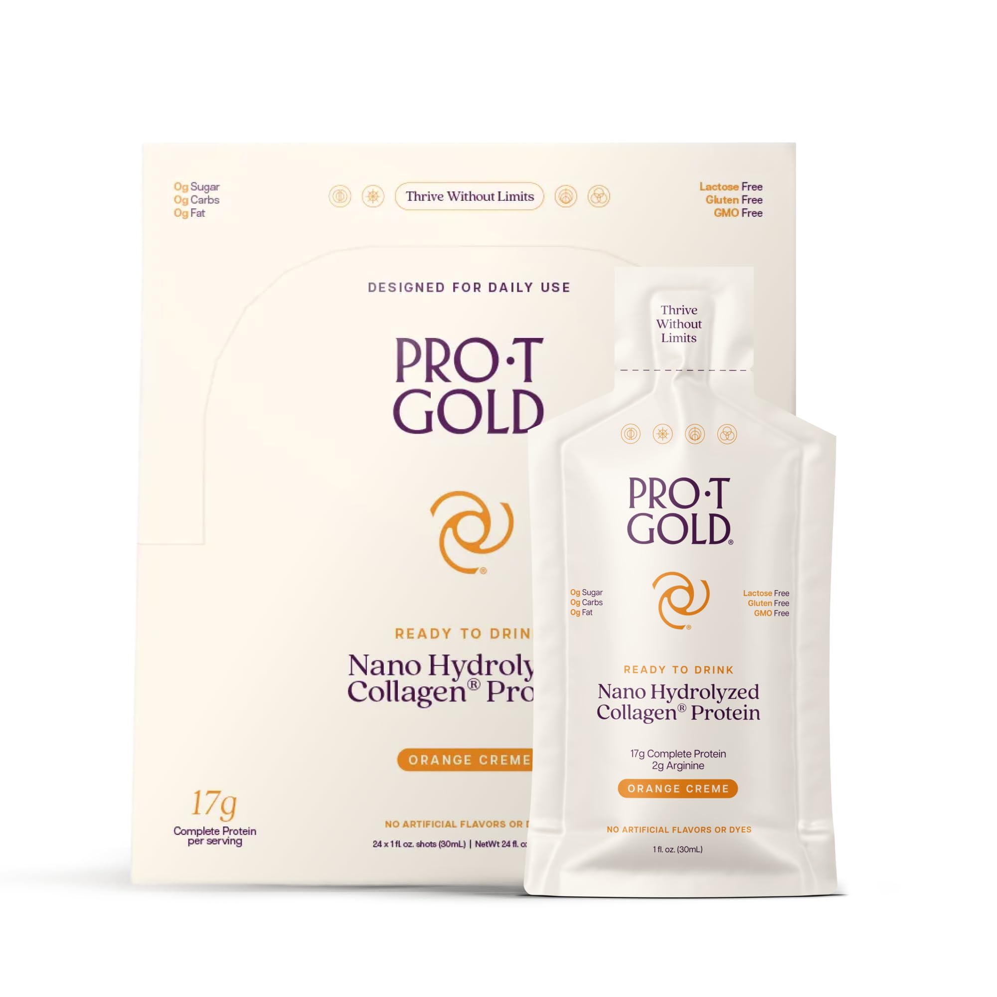 ProT Gold Liquid Collagen Protein Shot, 17g Clear Protein Nano-Hydrolyzed Grass Fed Collagen, 2g Arginine for Wound Support, Gluten Free, Sugar Free, 0g Carbs, Orange Creme, 1 fl oz, 24 Pack ProT Gold Au supplements