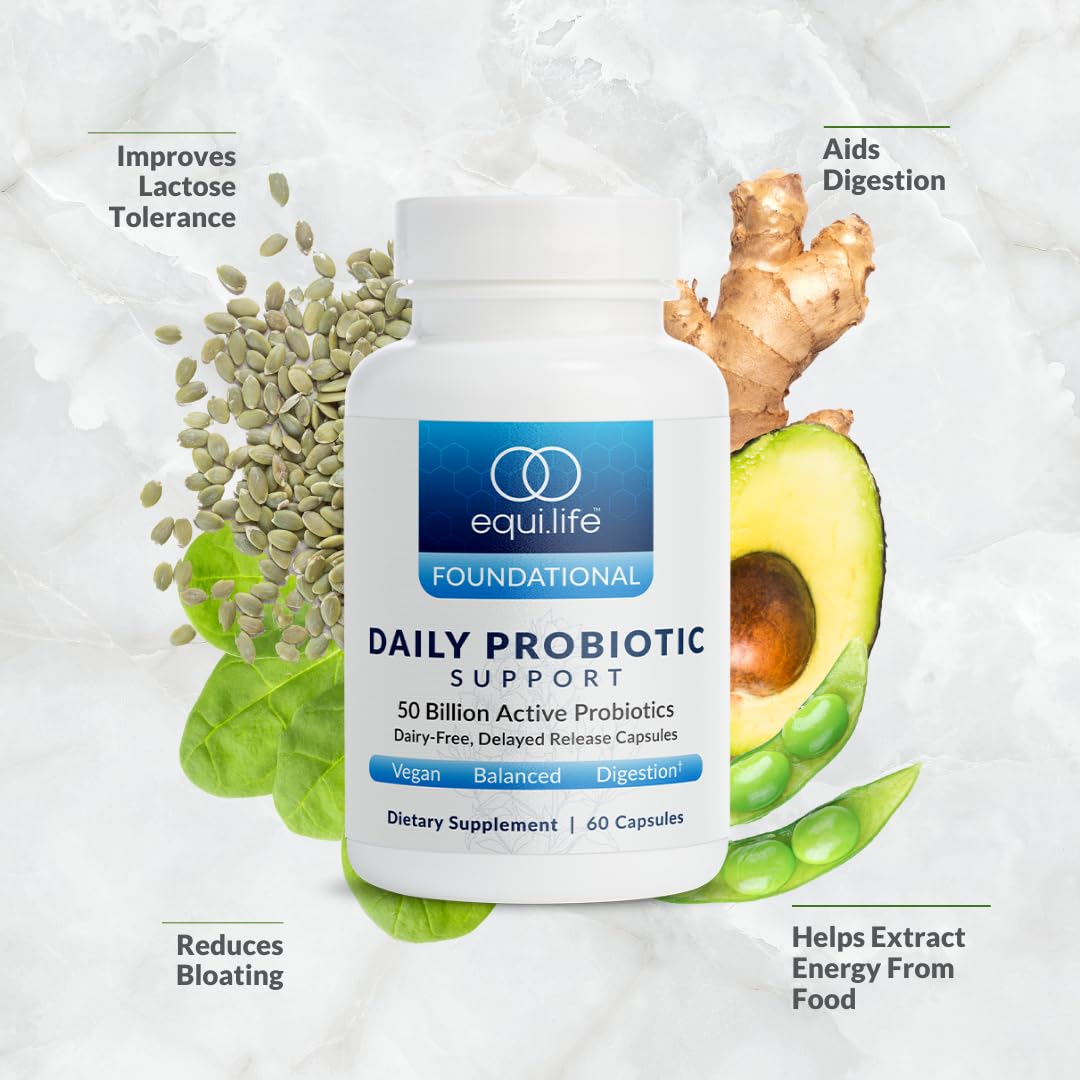 Equilife Daily Probiotic Support, 50 Billion CFU, 8 Probiotic Strains, Digestive and Gut Health Supplement for Men and Women, Gluten Free, Soy and Dairy Free