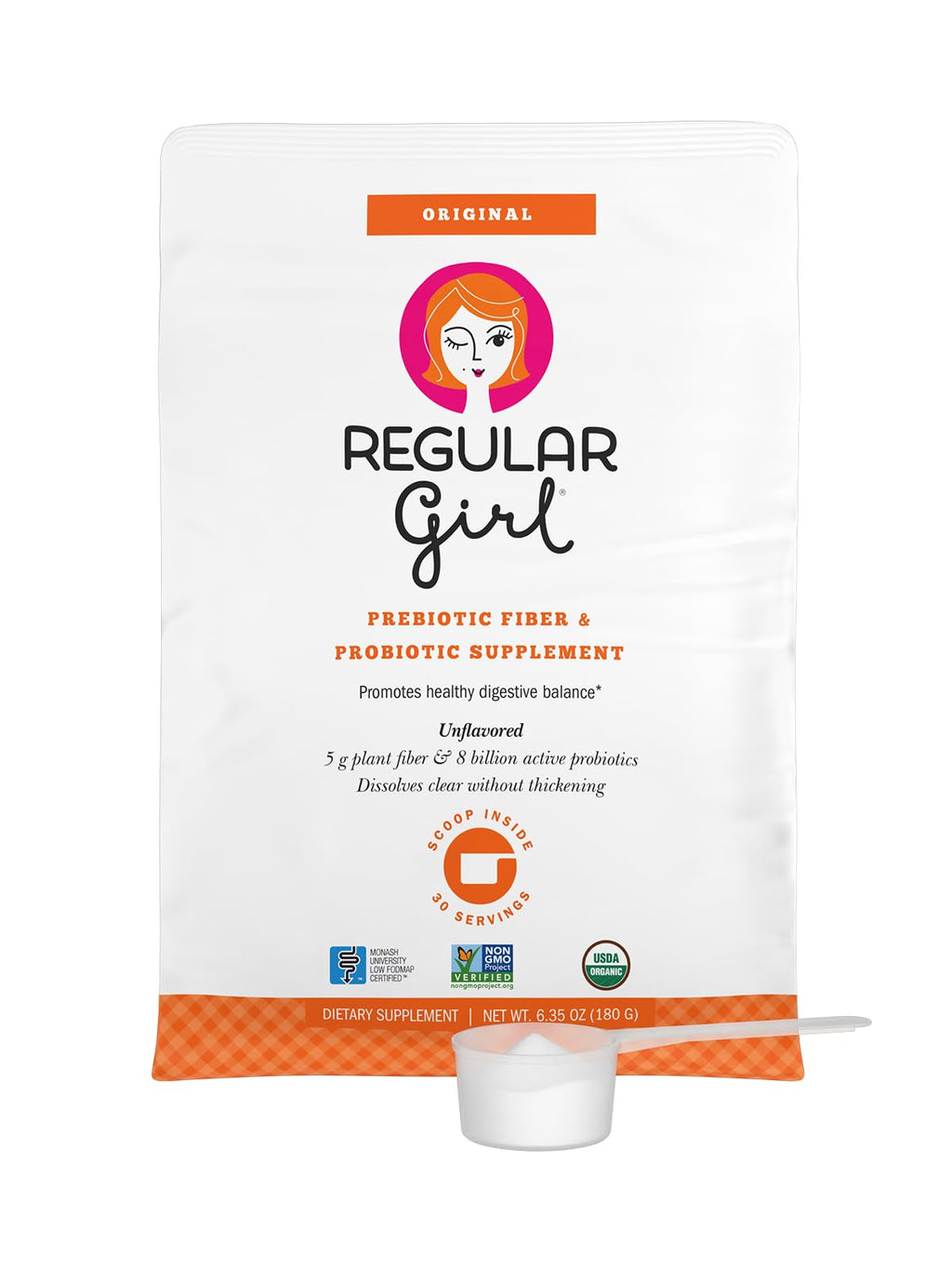 Regular Girl Organic Powder, Prebiotic Fiber Supplement and Probiotics for Women, Low FODMAP, 30 Servings, Unflavored