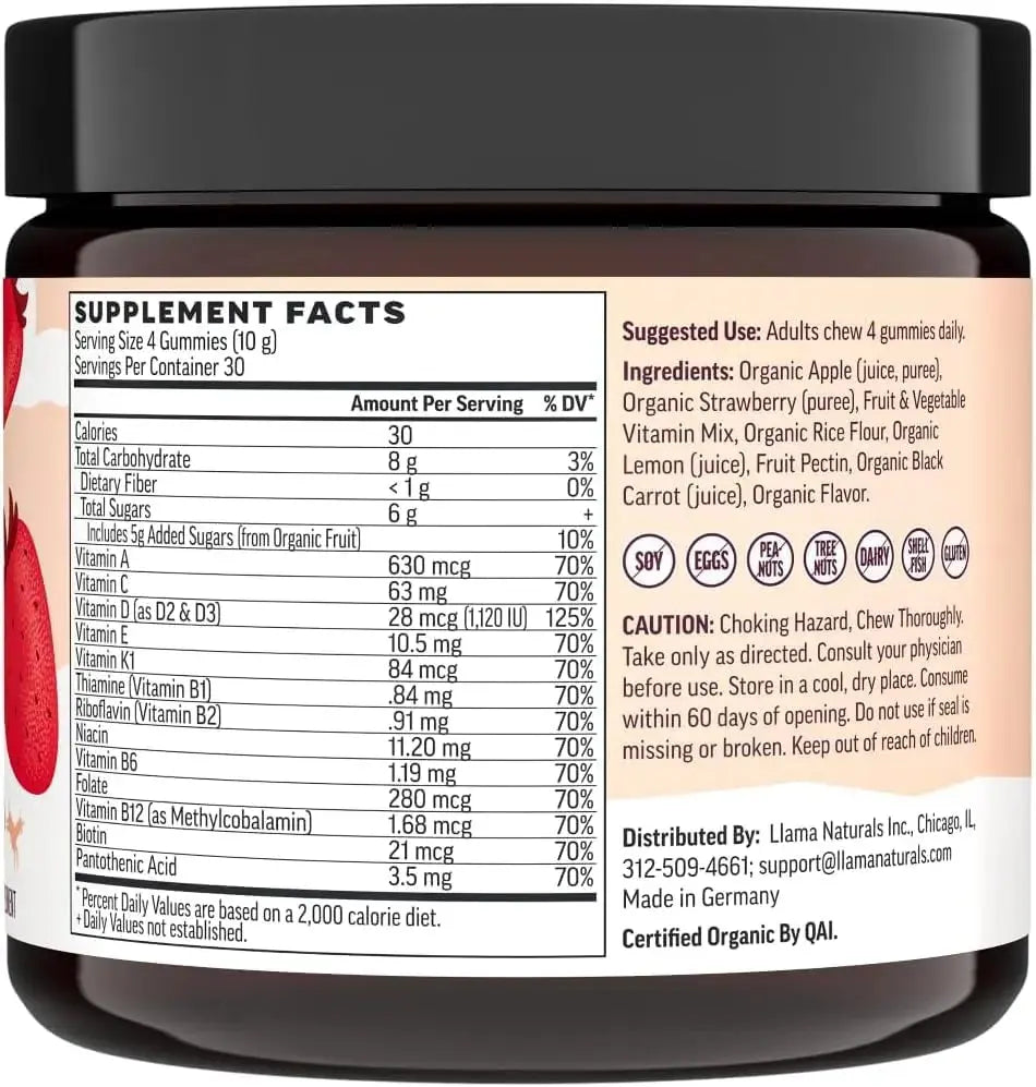 Llama Naturals Real Fruit Multivitamin Gummies | Kids & Women's Whole Food-Based Vitamins | No Added Cane Sugar | Llama Naturals Au supplements