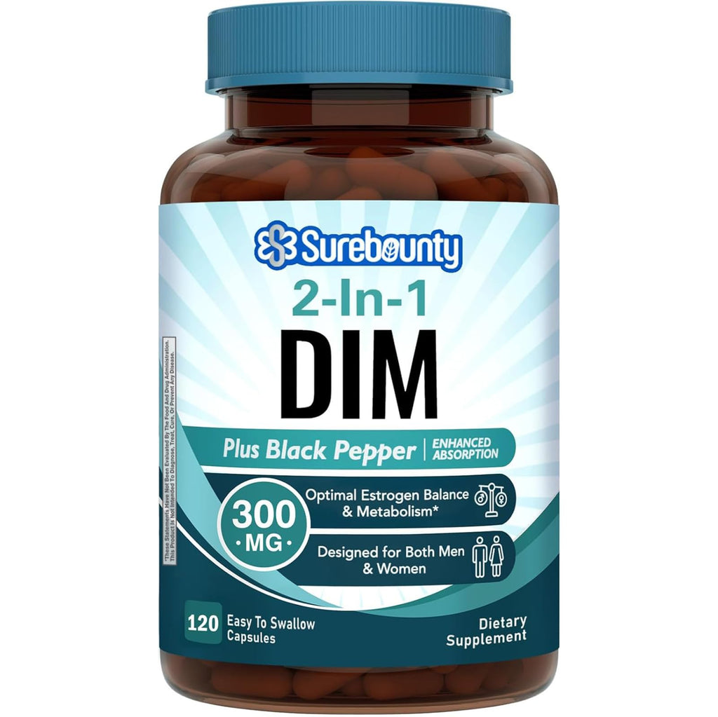 Surebounty DIM Supplement 300mg for Women & Men, Estrogen Balance & Metabolism, Hormone Balance, Menopause Support, Energy Maintainence, High Absorption with Black Pepper Extract, 120 Caps Surebounty Au supplements