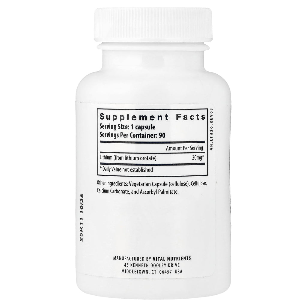 Vital Nutrients Lithium Orotate - Vegan Lithium Supplements for Memory, State of Mind, and Behavioral Health* - 20mg - Gluten, Dairy, Soy Free - 90 Capsules