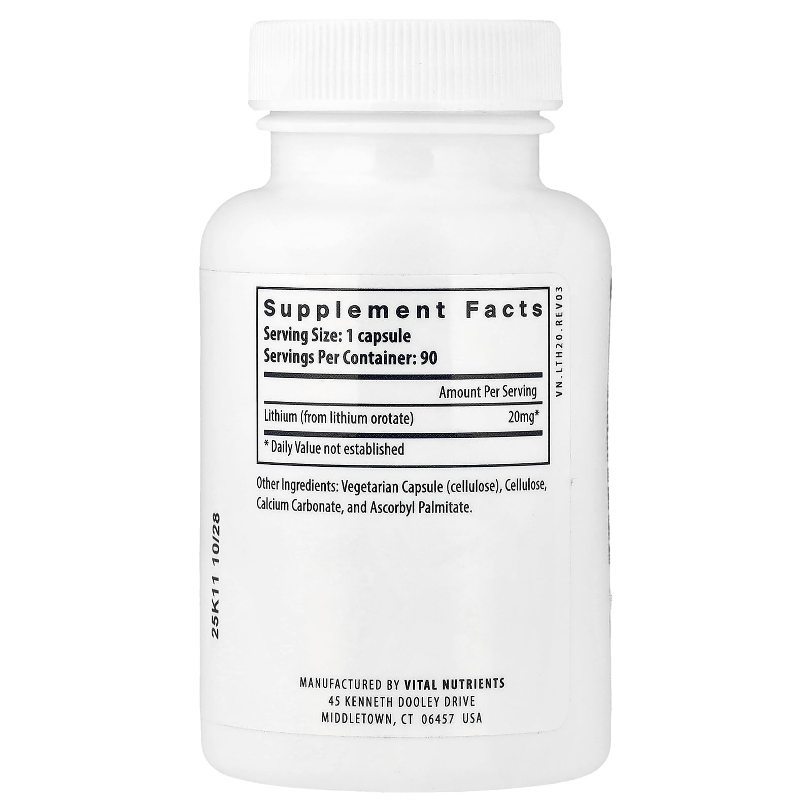 Vital Nutrients Lithium Orotate - Vegan Lithium Supplements for Memory, State of Mind, and Behavioral Health* - 20mg - Gluten, Dairy, Soy Free - 90 Capsules