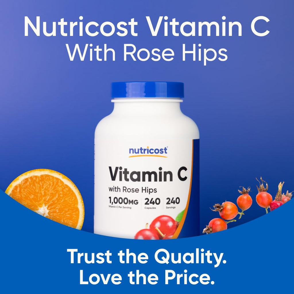 Nutricost Vitamin C with Rose Hips 1025mg, 240 Capsules - Vitamin C 1,000mg, Rose Hips 25mg, Premium