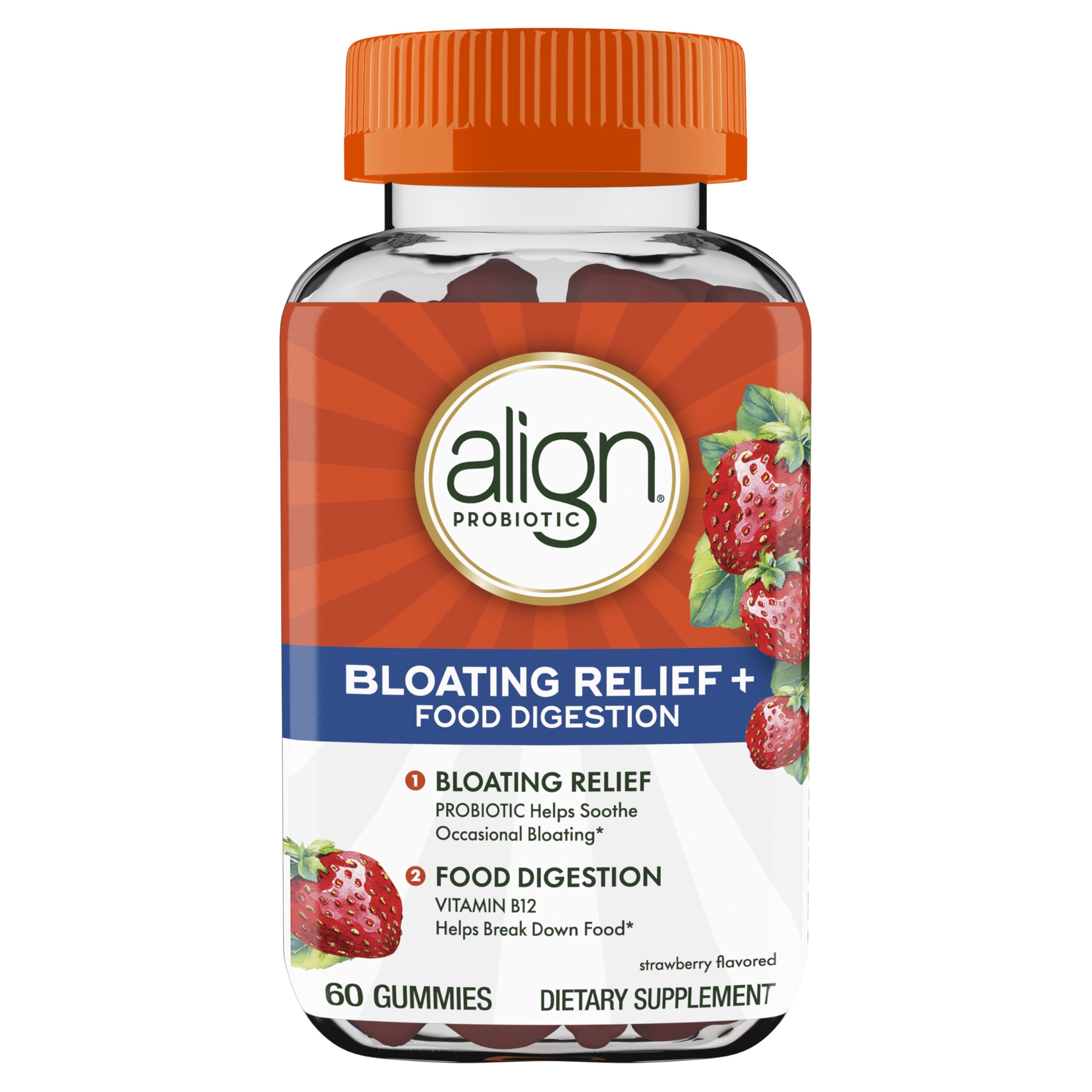 Align Probiotic, Bloating Relief + Food Digestion, Probiotics for Women and Men, Probiotic Helps Soothe Occasional Bloating*, With Vitamin B12 to Help Break Down Food into Cellular Energy*,60 Gummies Align Au supplements