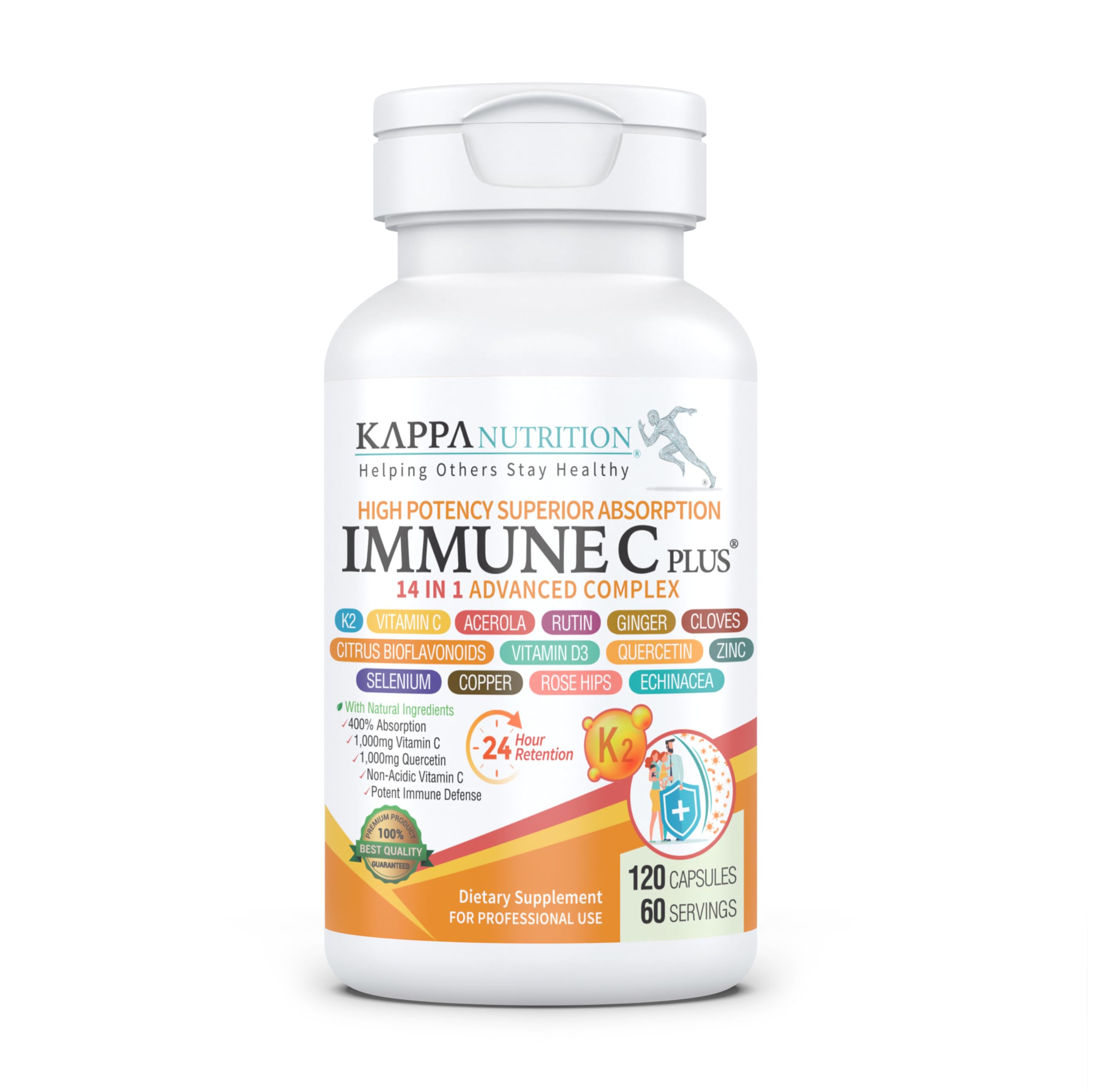 Quercetin 1,000mg, Vitamin C 1,000mg, Zinc 50mg, Vitamin D3 5,000iu, Selenium, Copper, Acerola, Ginger, Rutin, Bitter Orange, Rose Hips, Echinacea, Immune C Plus, 14 in 1 Immune C Plus (120 Count) KAPPA NUTRITION Au supplements