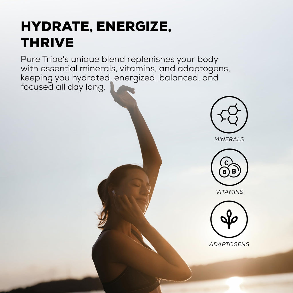 PURE TRIBE Instant Hydration Electrolytes Powder Packets with Magnesium & Salt – Zero Sugar Hydration Packets with 6 B Vitamins & Adaptogens
