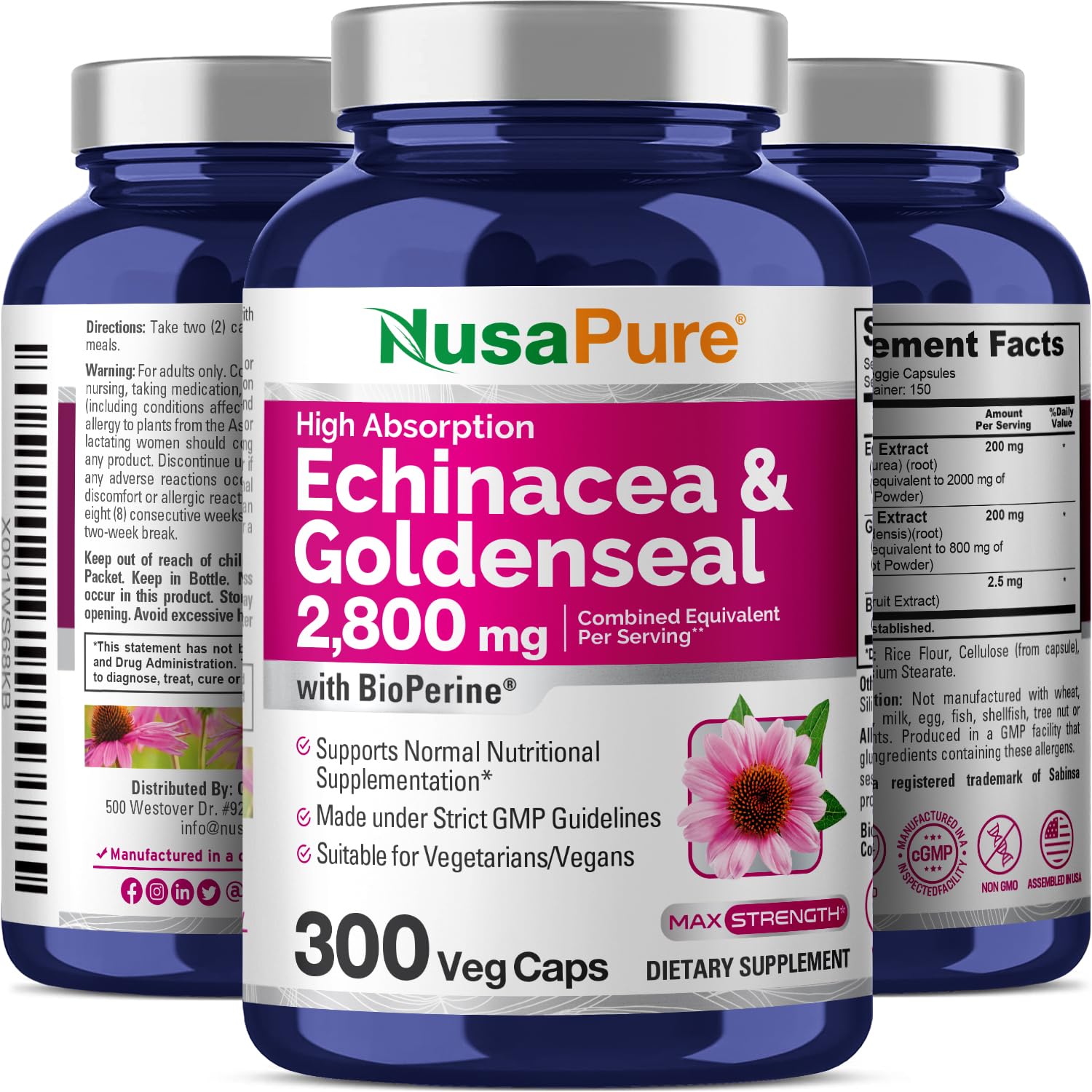 NusaPure Echinacea Goldenseal 200mg, (Extract 10:1, Equivalent to 2,000mg), 200mg, (Extract 4:1, Equivalent to 800mg) - 2800mg 300 Veggie Caps (Vegetarian, Non-GMO, Vegan) NusaPure Au supplements