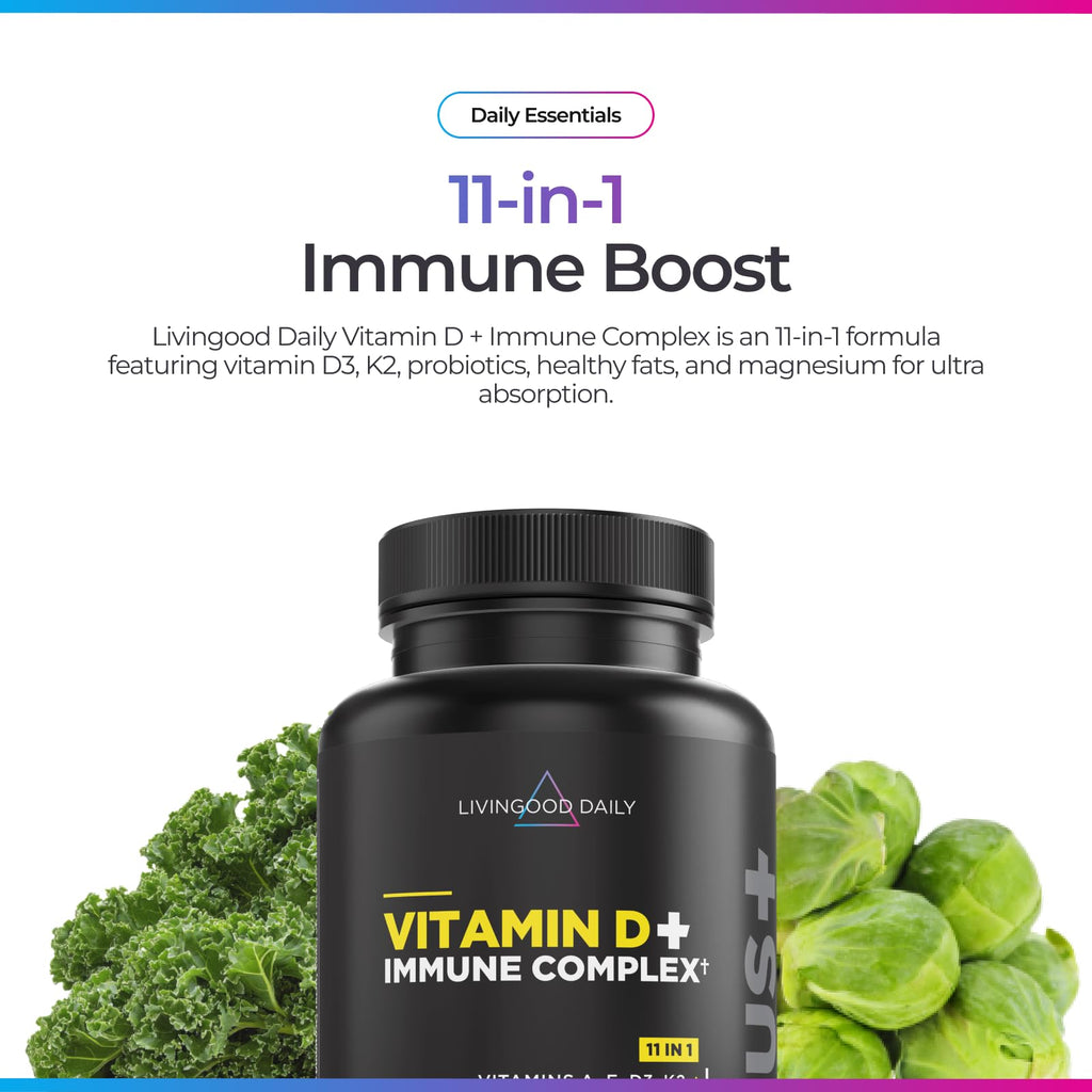 Livingood Daily Vitamin D3 K2 4000 IU Supplement, 9-in-1 Dietary Supplement for Immune Support - Made with Vitamins D, A, E, K2, Zinc, Magnesium & Probiotic Blend