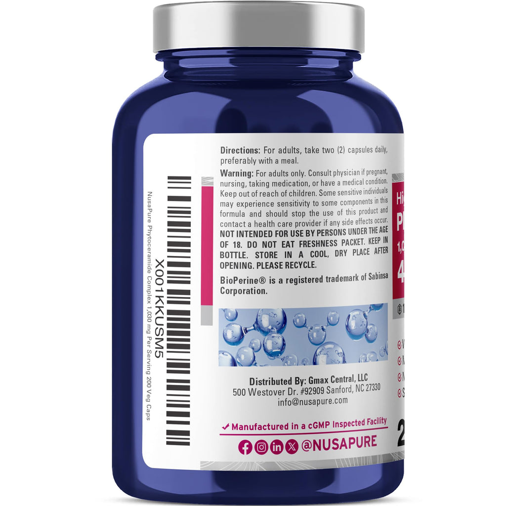 NusaPure Phytoceramide Complex 10:1 Extract, 1030 mg Equivalent to 4000 mg 200 Veggie Capsules (Non-GMO) Bioperine NusaPure Au supplements