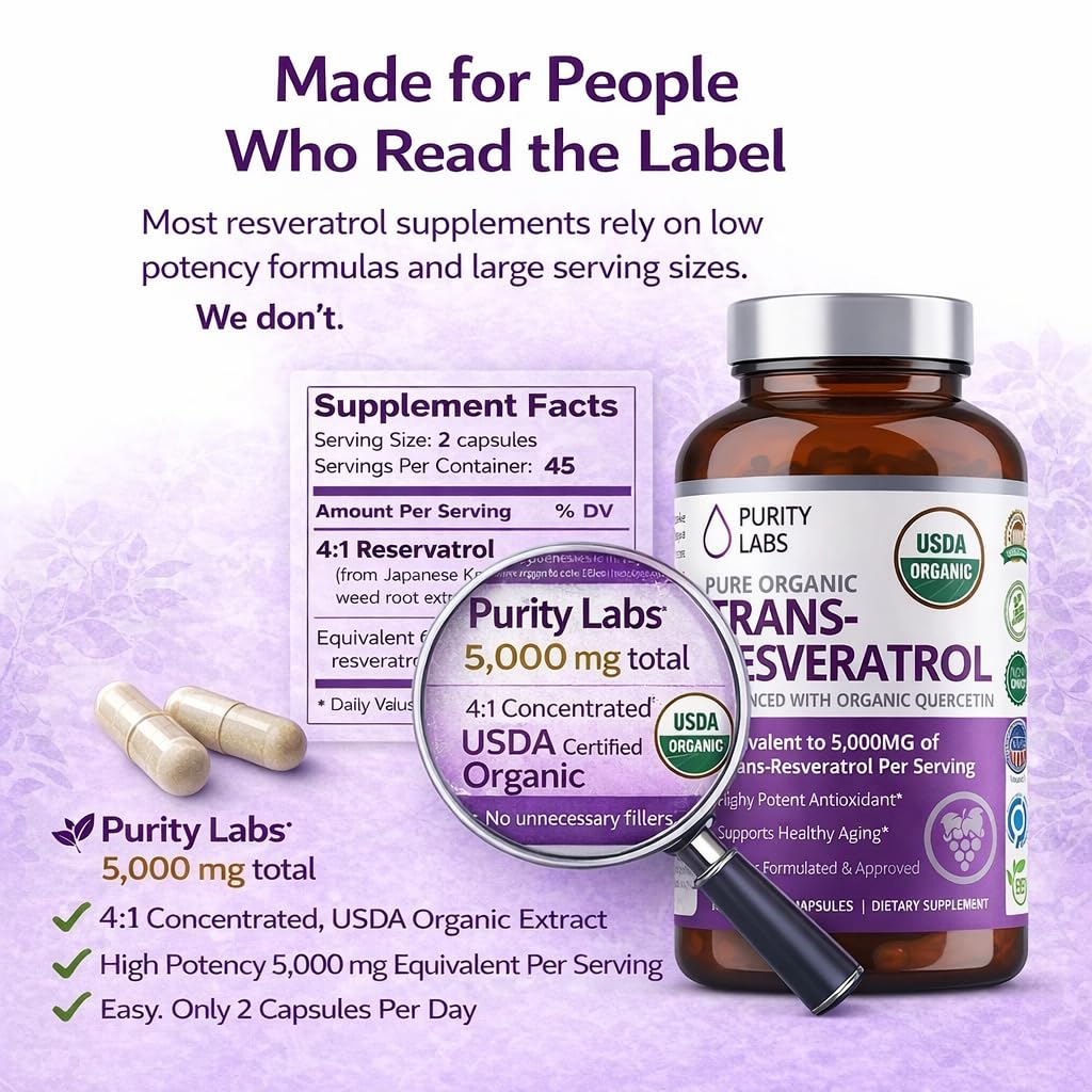 Purity Labs Trans-Resveratrol Supplement 5,000 mg Equivalent per Serving with Quercetin, USDA Organic High Potency Antioxidant,