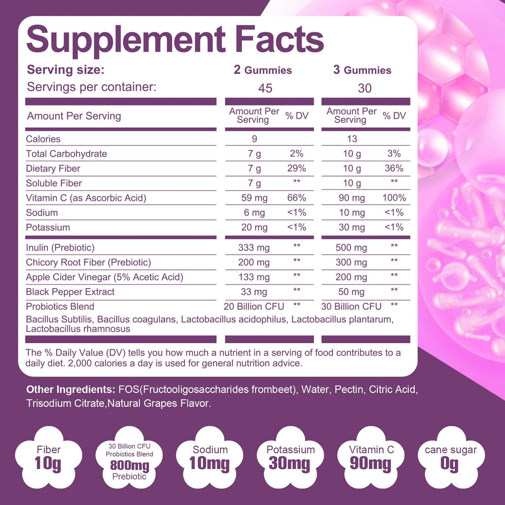 Migcopat 10G Fiber Gummies for Adults, No Sugar Added Grape Flavor, Fiber Supplement with 30 Billion CFU Probiotics Blend, ACV, Vitamin C,