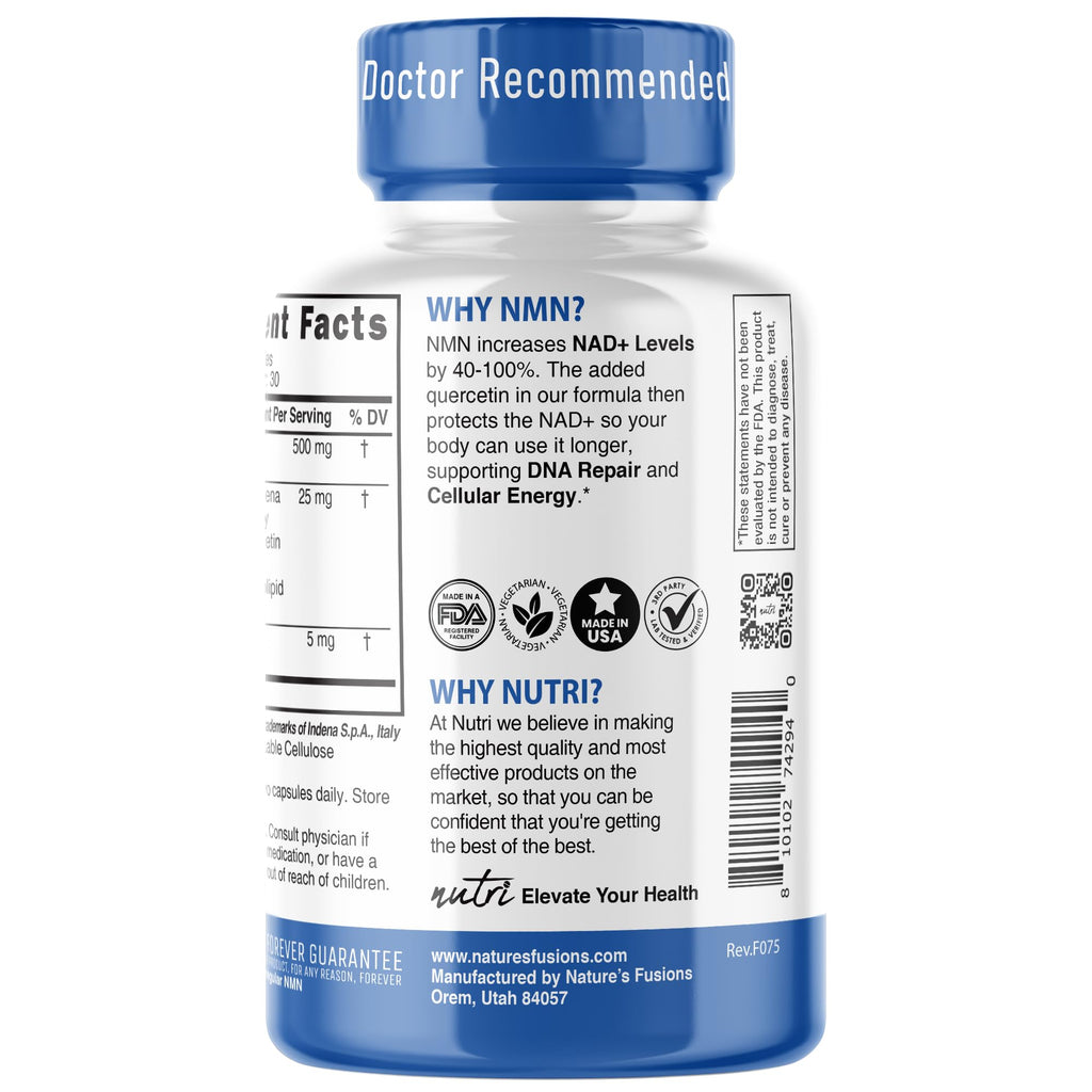 NMN Supplement 500mg NAD Supplement - Nutri Ultra High Absorption Stabilized NMN Nicotinamide Mononucleotide, 40% More NAD+ with Quercetin Phytosome & Black Pepper - mnm supplement (60 Capsules) Nature's Fusions Au supplements