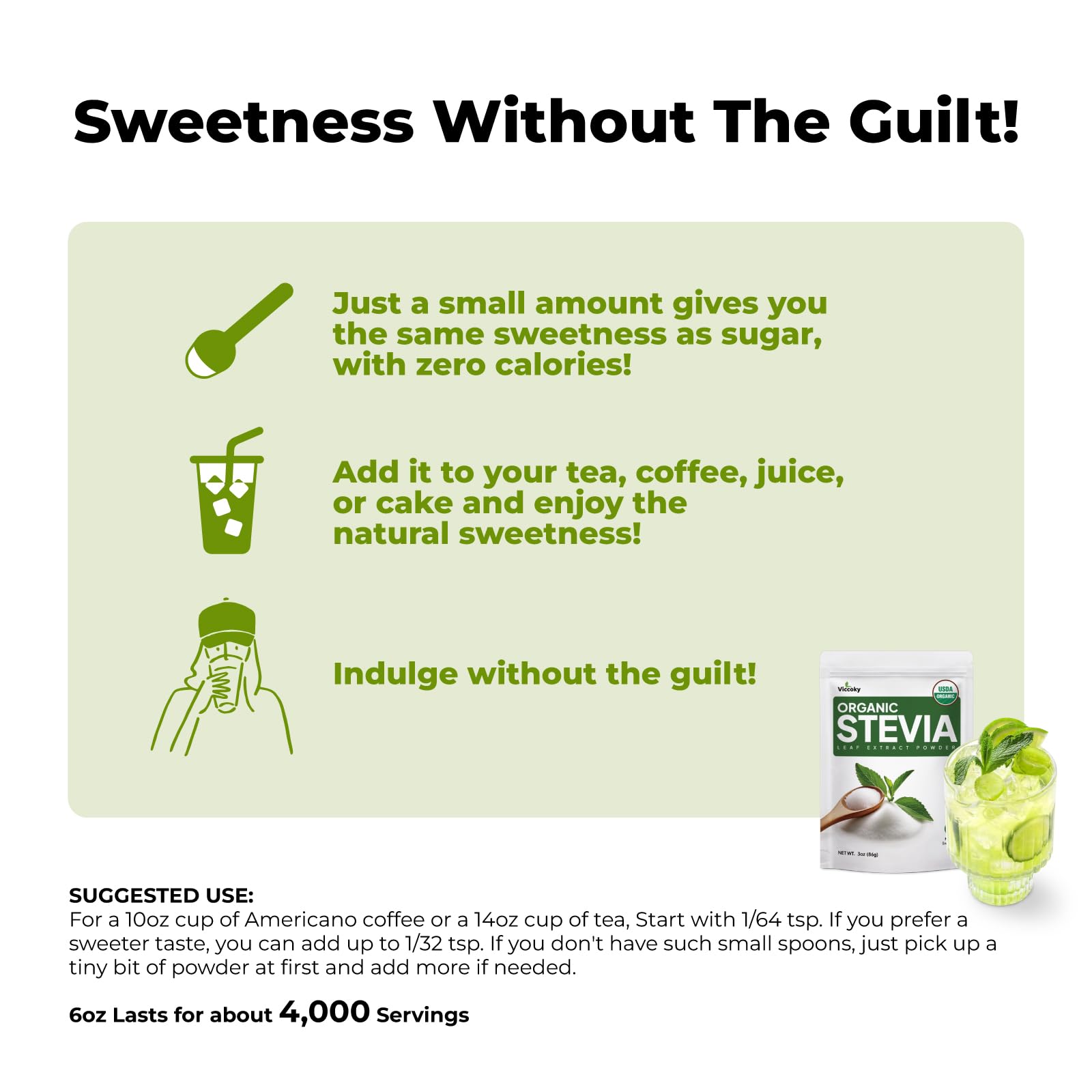 Viccoky Organic Stevia Powder 6oz (171g), Pure Stevia Extract Powder, Sugar-Free & 0 Calories, No Additives