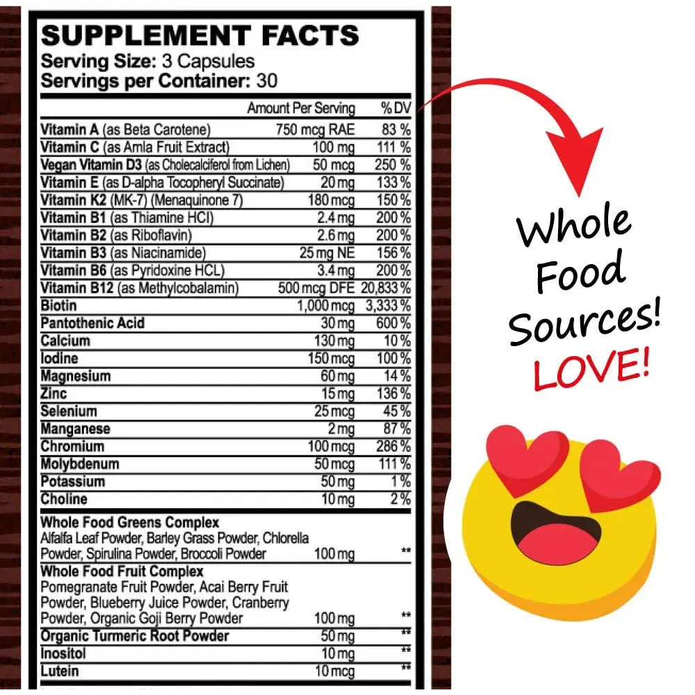 Whole Food Multivitamin Fruit & Super Greens All-in-one Vitamin Complex, 90 Vegan Capsules - Daily Vitamin for Women and Men Hippie Farms Au supplements