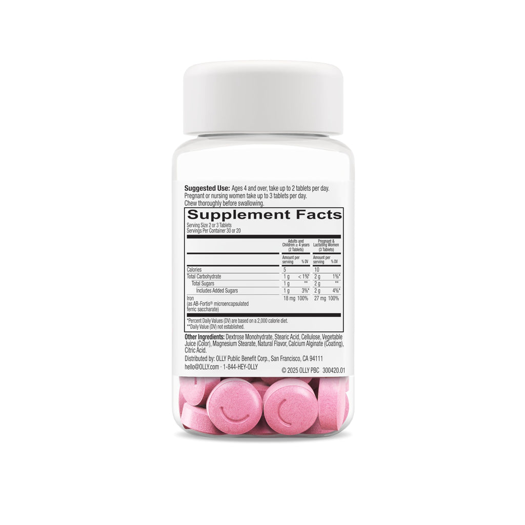 OLLY Delightful Iron Chewable Tablet, Iron Supplement from AB Fortis, Fruit Punch Flavored, 30 or 20 Day Supply - 60 Count