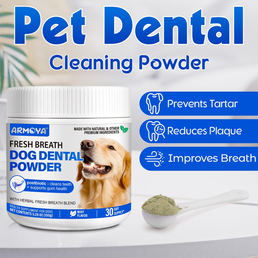 Dog Teeth Cleaning Powder - Dental Powder for Dogs Teeth - Plaque Removal - Supports Gum Health - Tartar Remover with Natural Herb Blend and Postbiotics 30 Day Supply - Mint Flavor ARMOYA Au supplements