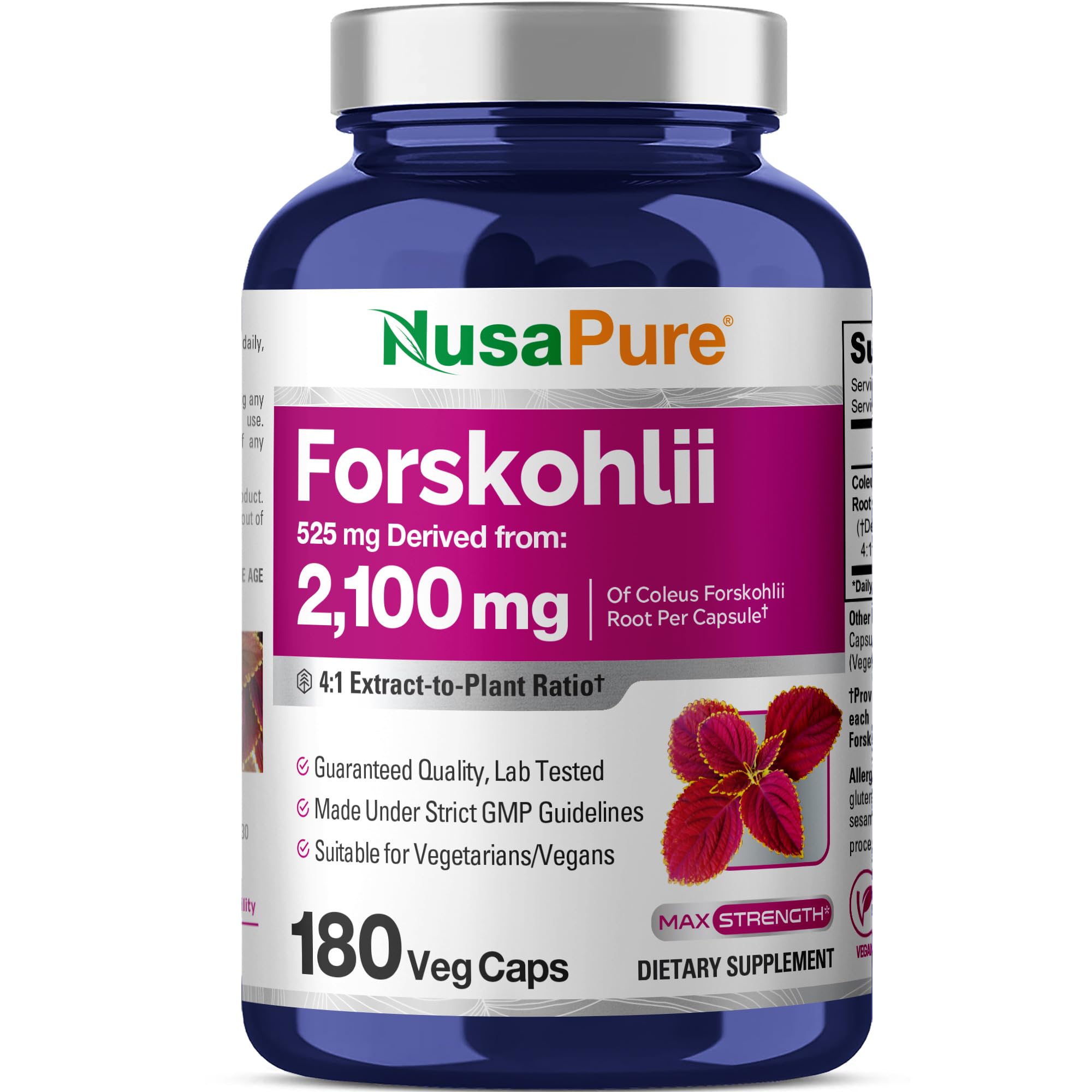 NusaPure Forskohlii 4:1 Extract, 525 mg Equivalent to 21,00 mgper Veggie Caps - 180 Capsules (Non-GMO, Vegan & Gluten Free) NusaPure Au supplements