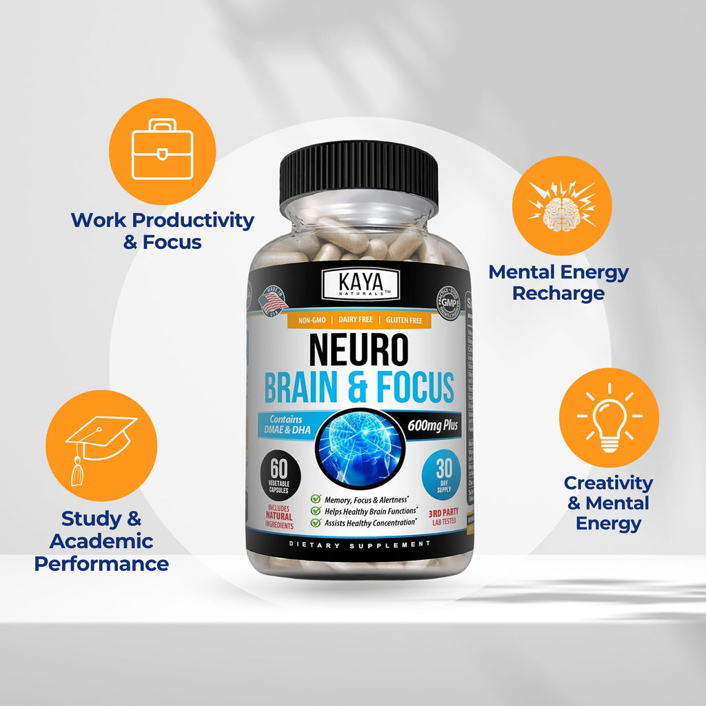Kaya Naturals - Neuro Brain for Memory & Focus - Nootropic Energy Capsule - Nootropic Brain Support Supplement - Focus & Concentration & Learning Accuracy - Cognitive Function - 60 Count Kaya Naturals Au supplements